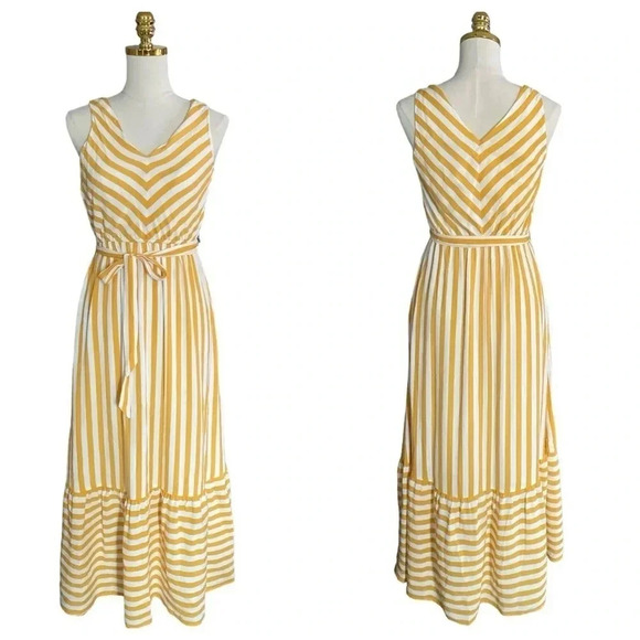 LOFT | Women Mustard/White Striped Chevron Flounce Maxi Dress Size 0P - Picture 5 of 15